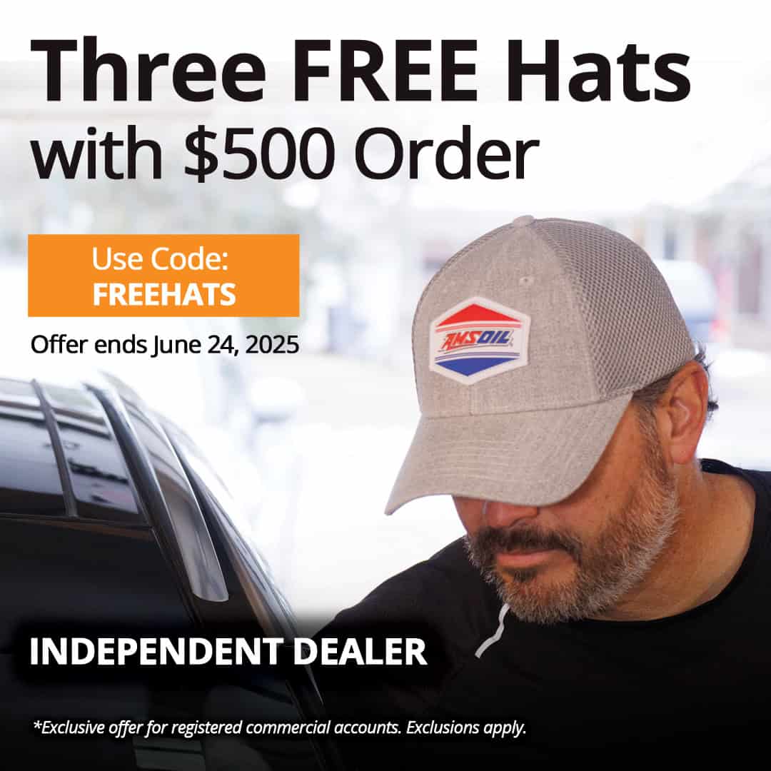 image banner of amsoil offer 'Three Free AMSOIL Hats with $500 Order or More'